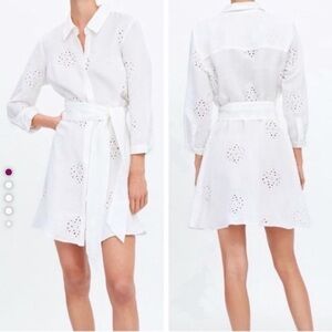 Zara linen belted eyelet button down dress